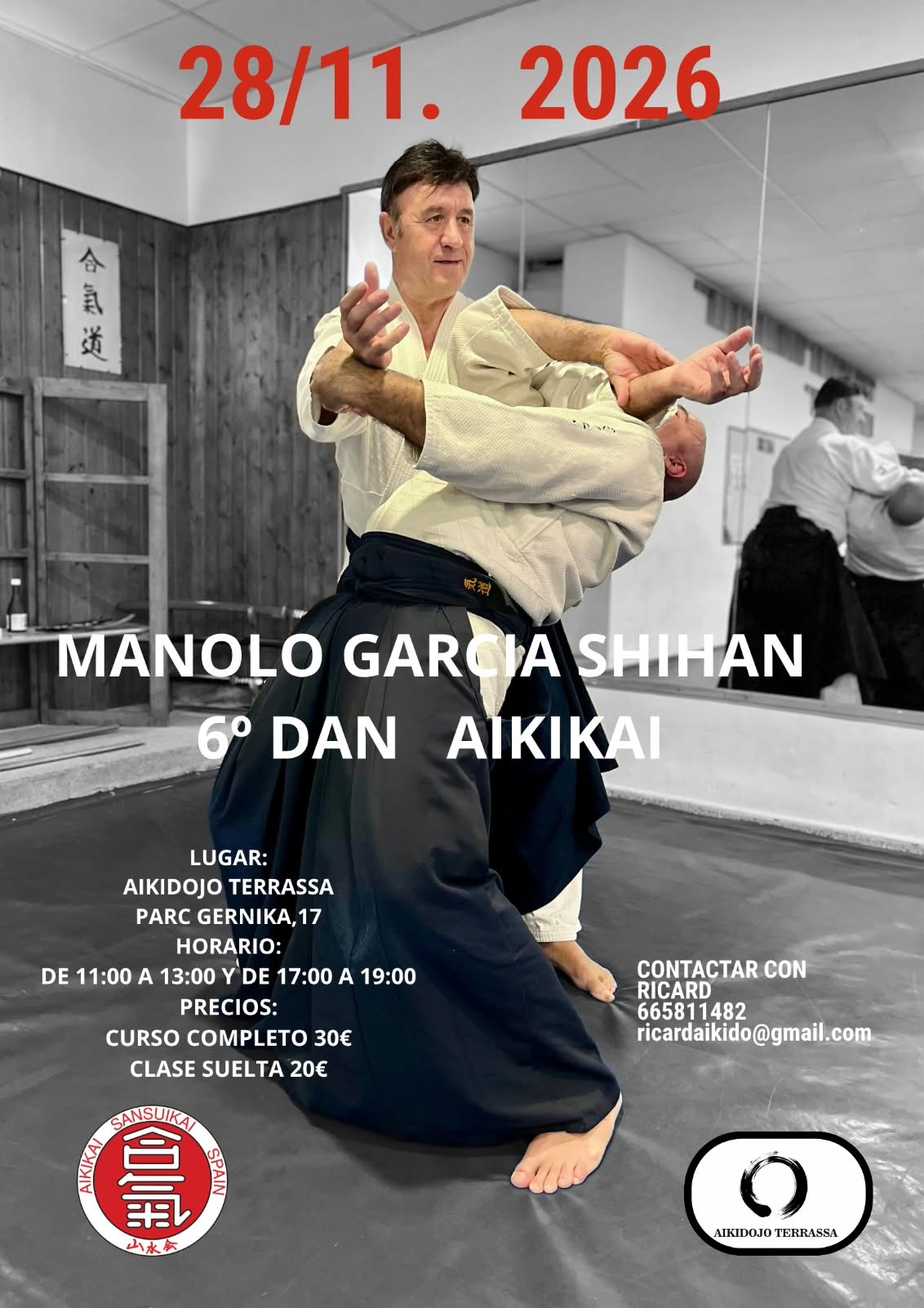 Cartel del curso de Aikido con Manolo García Shihan, 6.º dan Aikikai, el 28 de noviembre de 2026 en Aikidojo Terrassa.